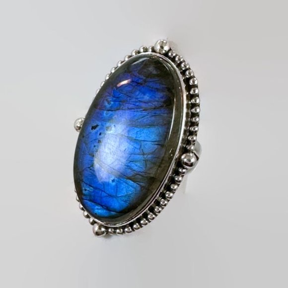 Labradorite Ring, Sterling Silver, Blue Stone, Size 5 3/4, 1 1/2" Long - Picture 3 of 6